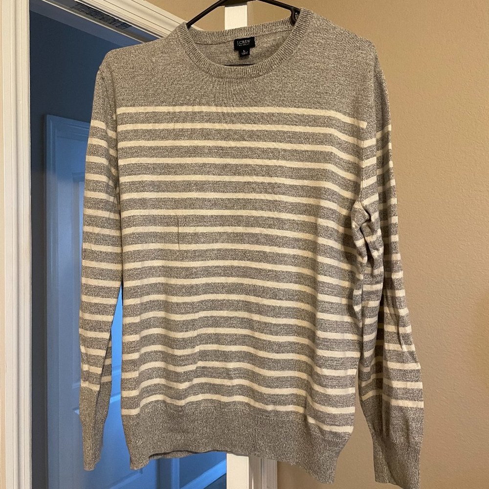 J. Crew Men's Grey and White Striped Sweater Size L